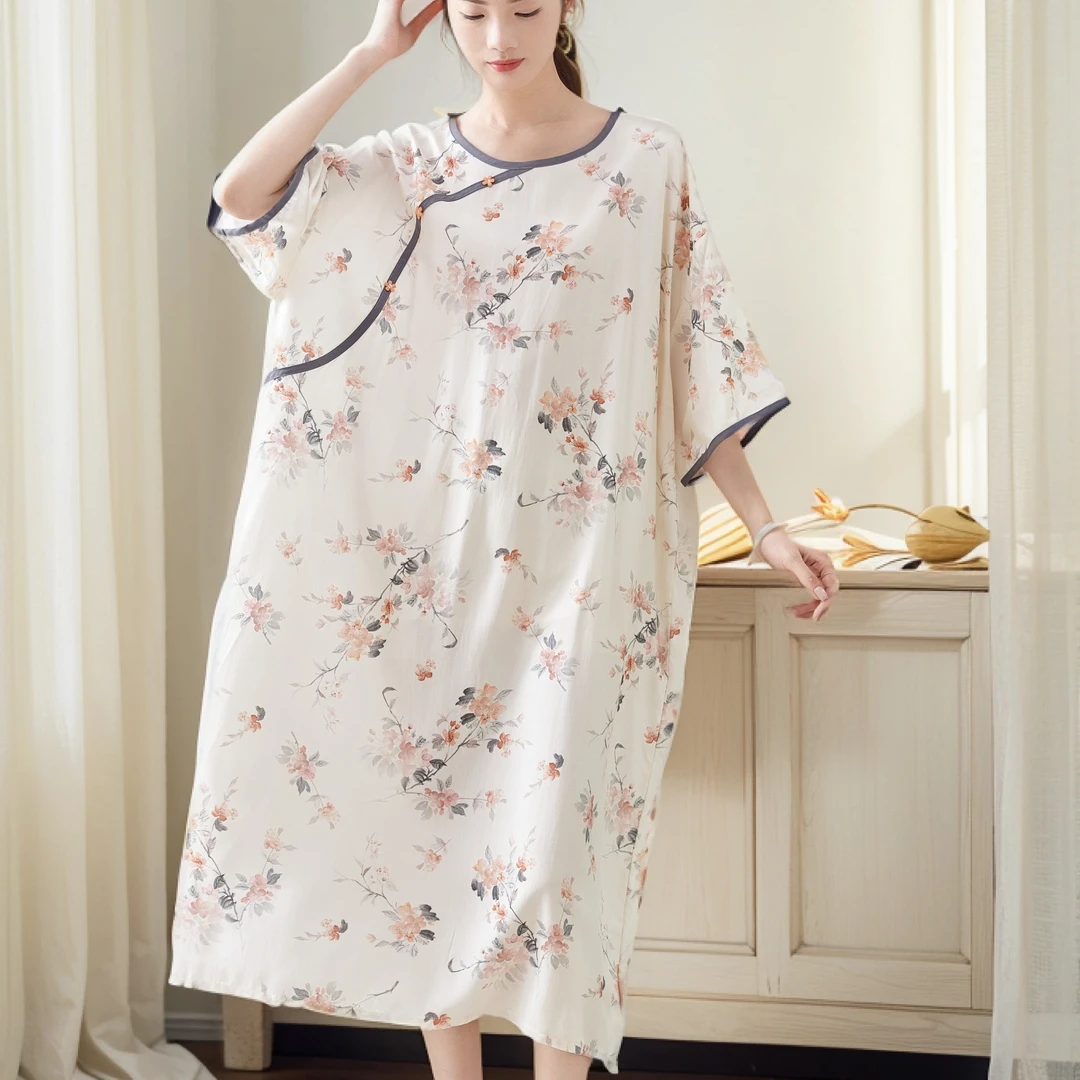 新中式印花超薄款好棉绸睡裙夏季国风中长款短袖大码胖MM棉绸睡衣