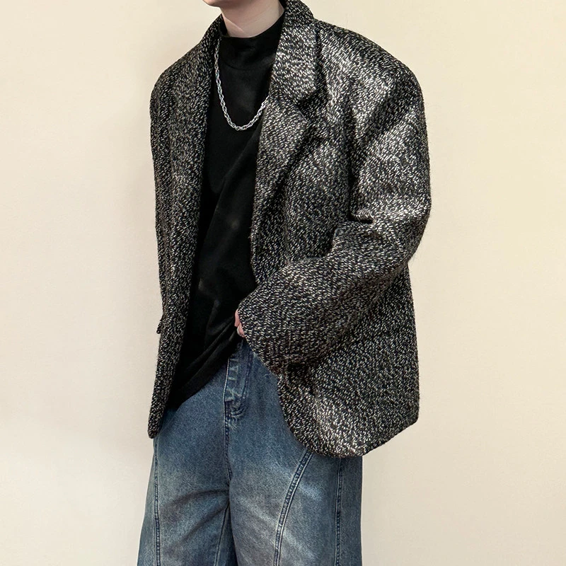 现货-秋冬潮牌毛呢垫肩西装外套男时尚呢子夹克男士休闲百搭