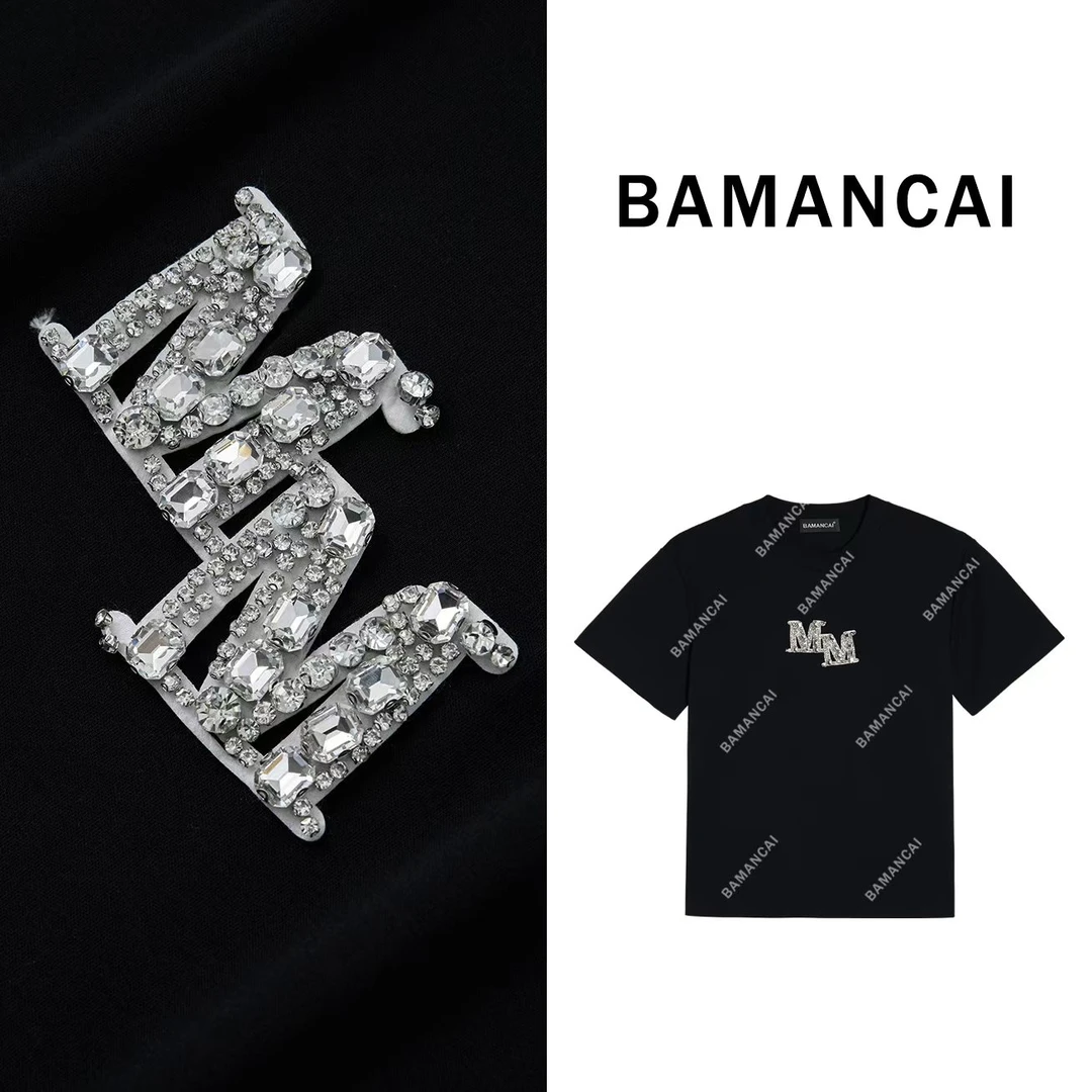 Bamancai-美式短袖t恤女新款爆款烫钻印花高端上衣