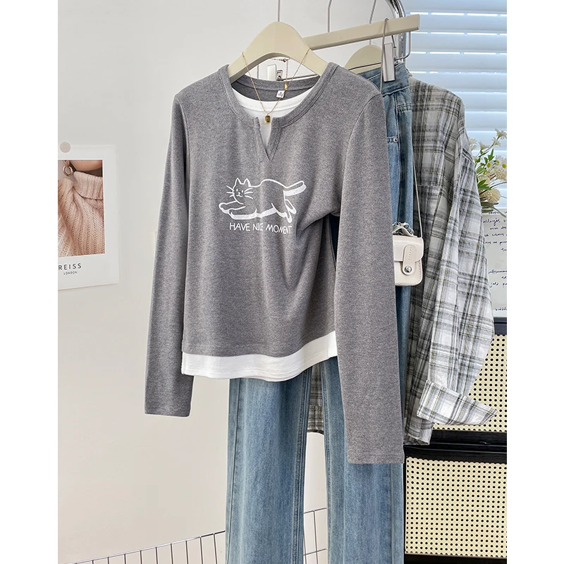 秋冬厚款双面绒保暖假两件长袖T恤正肩显瘦百搭印花女装打底上衣