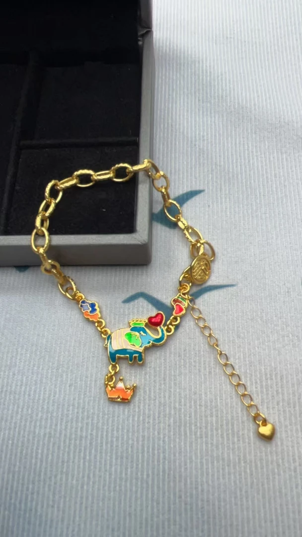铜合金手链 SL013古法烧蓝爱心小象手链延长链皇冠大象手串