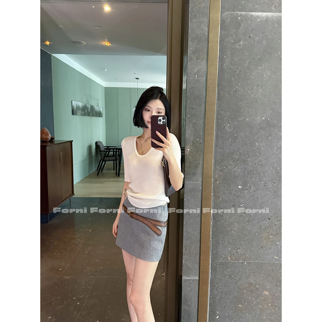 FORNI 肌肤t 及简纸片人敲薄软糯舒适U领七分袖针织打底T恤