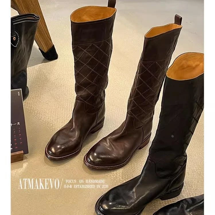 明显款中古水洗马皮版手工菱格绗缝冬季长靴韩系瘦瘦靴女长靴