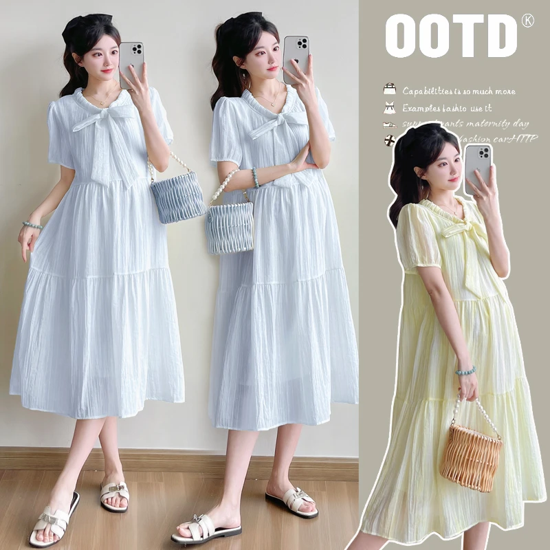 孕妇夏装2025新款夏季外穿韩版简约时尚宽松显瘦大码中长款连衣裙