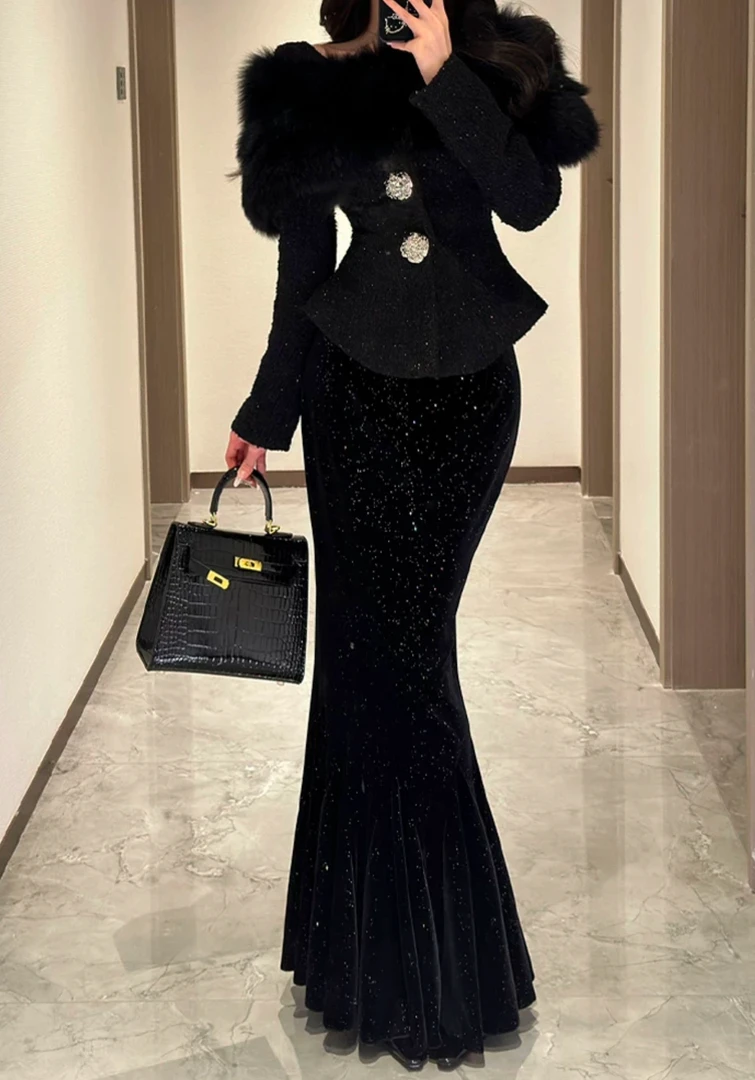 D191纯欲风性感V领长袖蕾丝衫女秋冬新款高级感气质半裙