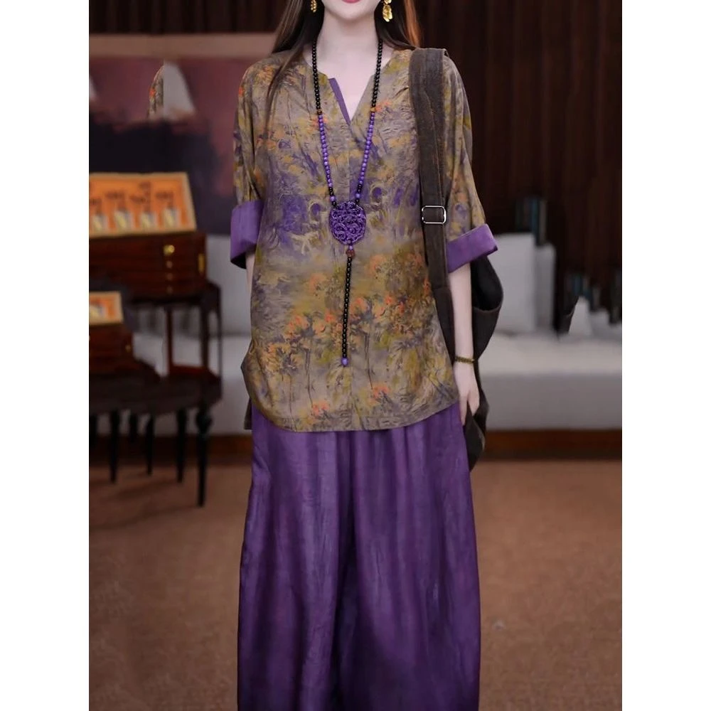 国风气质优雅端庄印花裤套装女2025夏季新款休闲百搭衬衫+阔腿裤