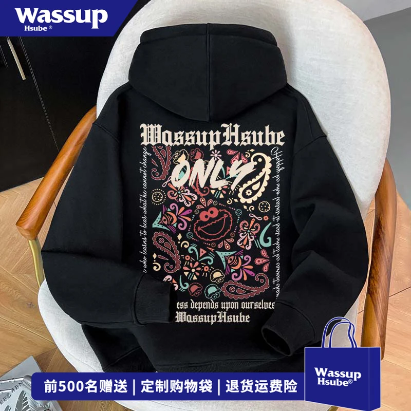 WASSUP HSUBE原创街头风图案印花连帽卫衣男秋冬美式宽松套头上衣