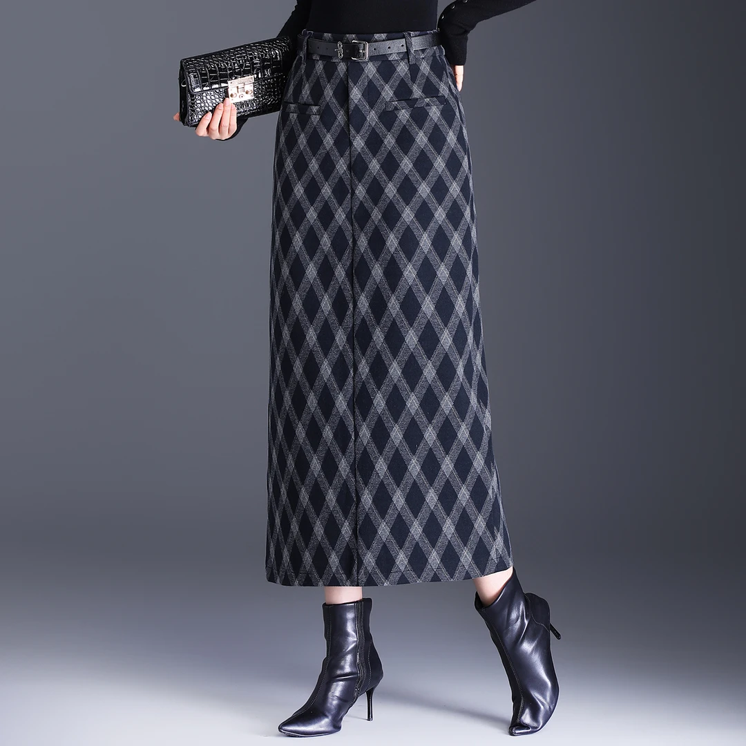 毛呢半身裙复古格子直筒包臀裙开叉女裙子2025秋冬新款超火一步裙