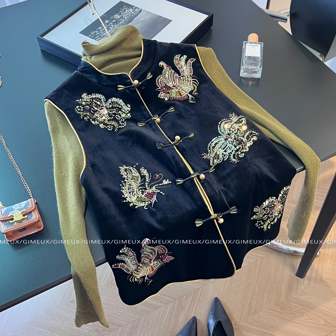 新中式刺绣丝绒马甲两件套女早秋复古轻奢国风气质百搭毛衣套装潮