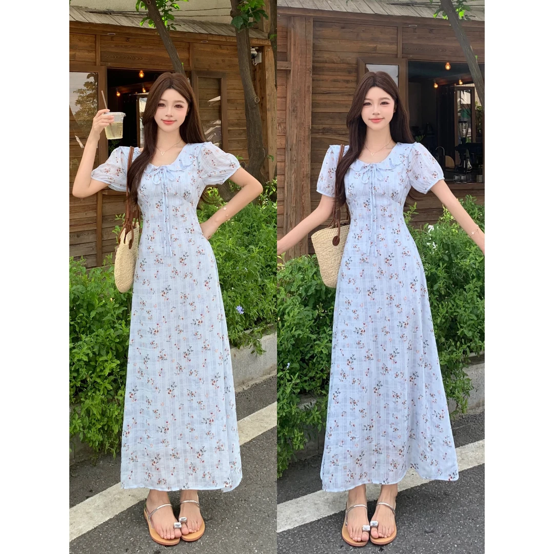 大码紫铃兰碎花荷叶领连衣裙法式茶歇温柔系掐腰显瘦系带休闲裙子