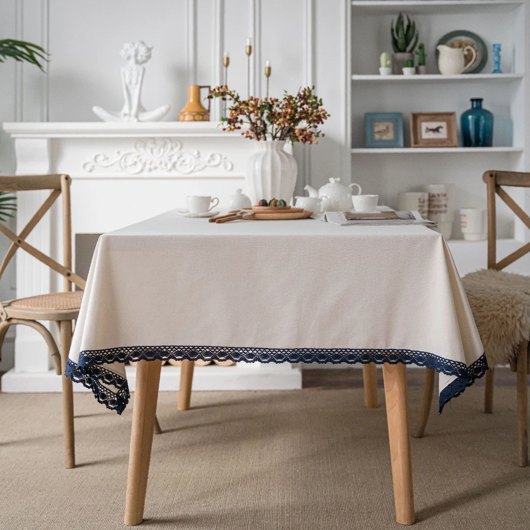 伊缦琪韵纯色白色田园棉麻台布桌布批发家用盖巾蕾丝花边