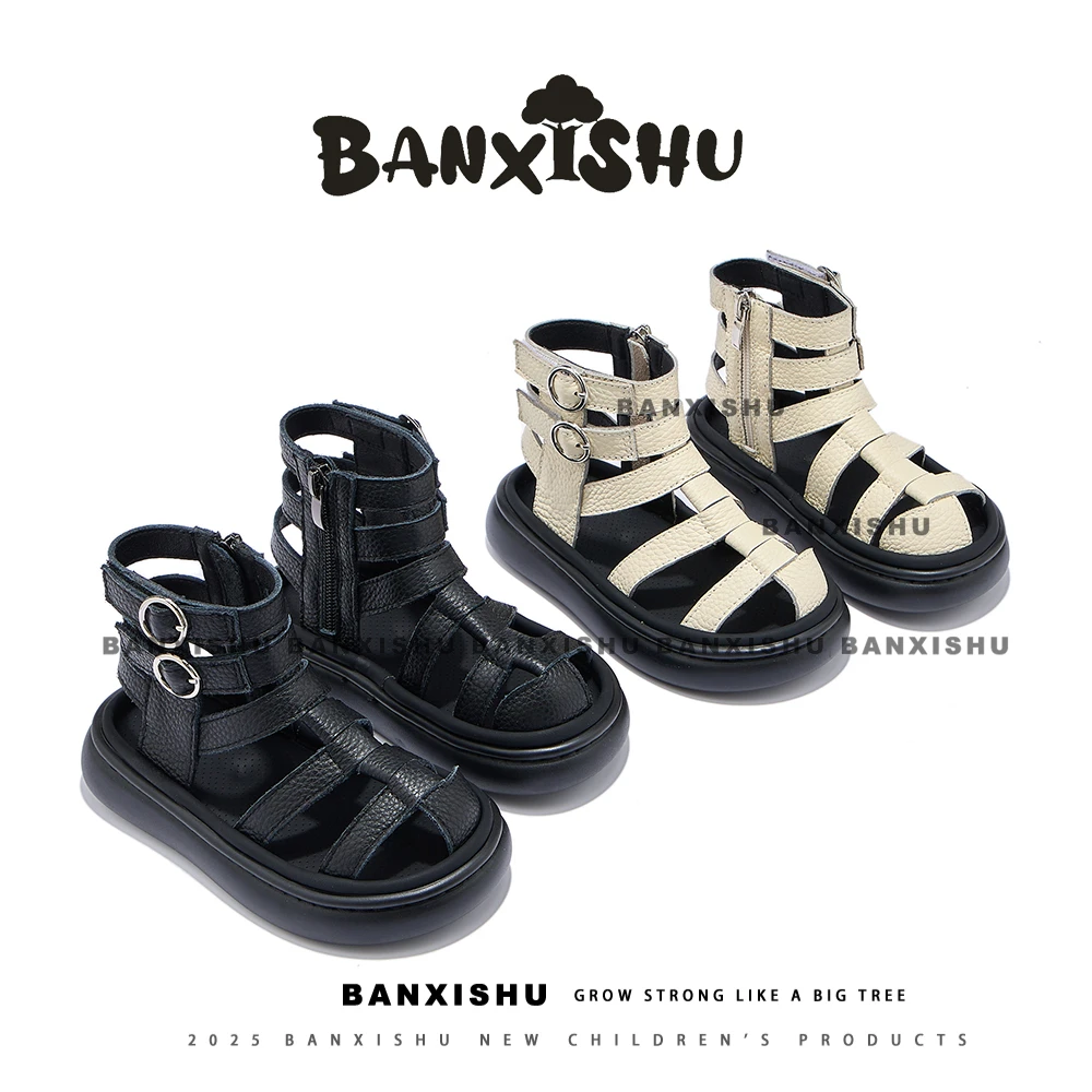 BANXISHU/2025夏季新款罗马鞋女童牛皮夏季凉鞋中大童男童鞋