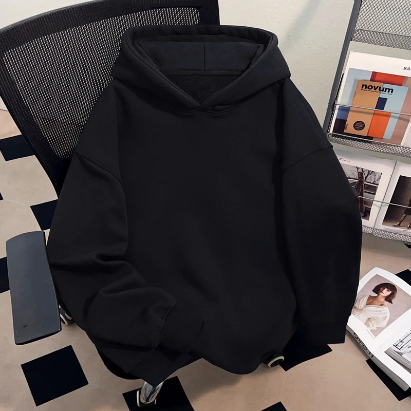 Dekkry潮牌纯色个性黑色简约高级感秋冬季无口袋连帽卫衣男女上衣