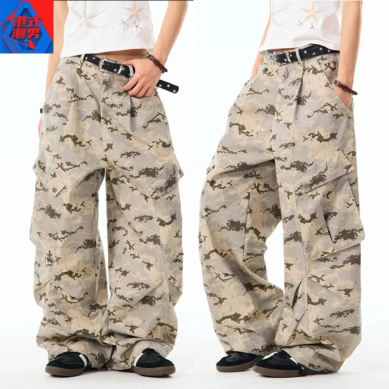 美式迷彩弯刀牛仔裤男春秋季潮流宽松复古直筒裤男高街阔腿工装裤