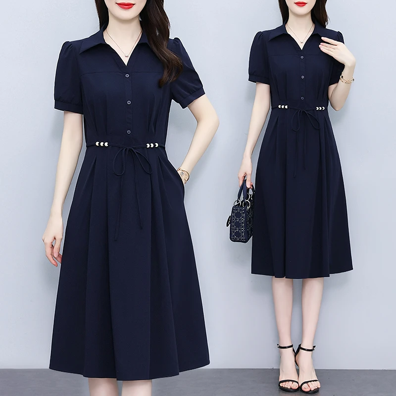 短袖连衣裙2025年夏季新款时尚气质收腰显瘦遮肚中长款大码长裙子
