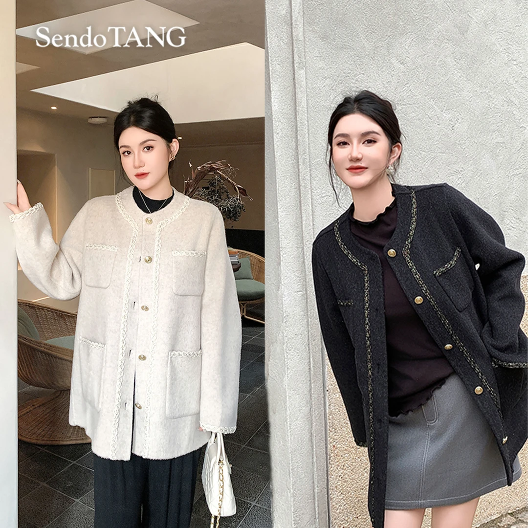 小香风羊毛呢外套胖多大码秋冬新款宽松减龄呢子大衣【芬兰雪景】