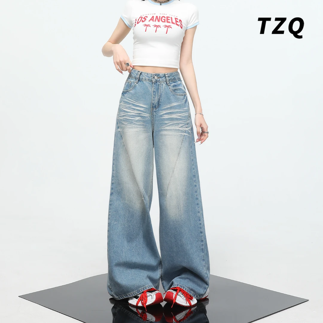 美式复古水洗牛仔裤女2025秋季新款高腰显瘦百搭阔腿裤TZQ2521303
