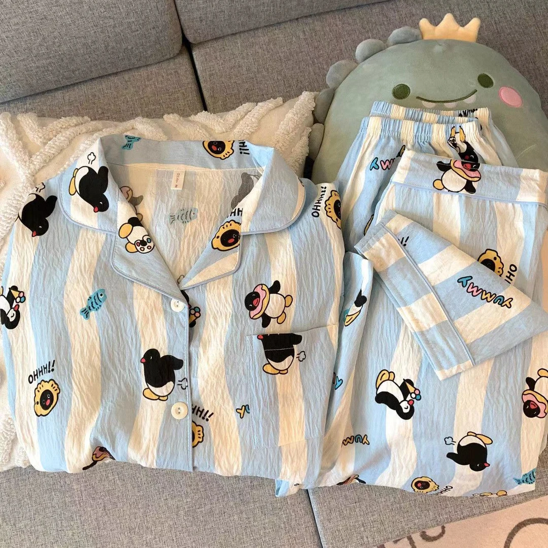 秋季新款睡衣女云朵棉翻领开衫长袖长裤甜美可爱少女家居服套装