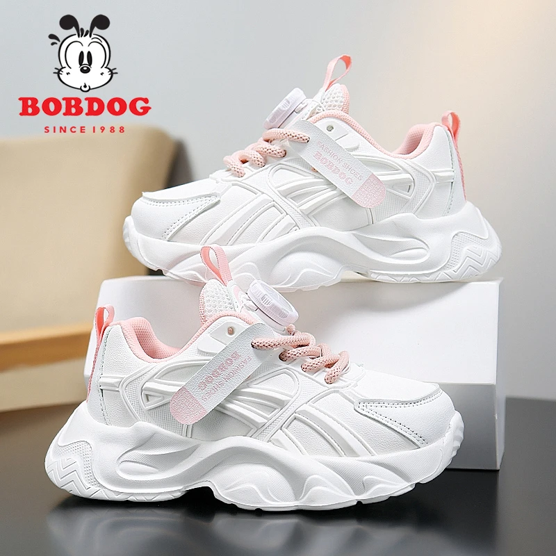 Bobdog/巴布豆女童鞋子2025新款儿童小白鞋皮面防水运动鞋老爹鞋