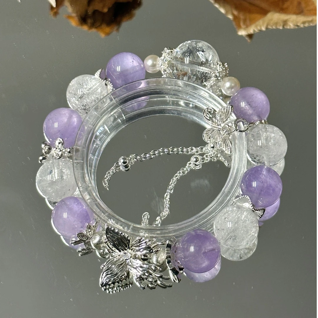 （蝶梦）白阿塞紫水晶水晶手串手链  颜色微差多样性发其一B004