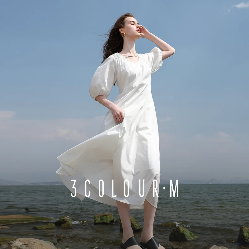 三彩2025夏季简约法式小白裙灯笼袖连衣裙大摆长裙浪漫女M1015