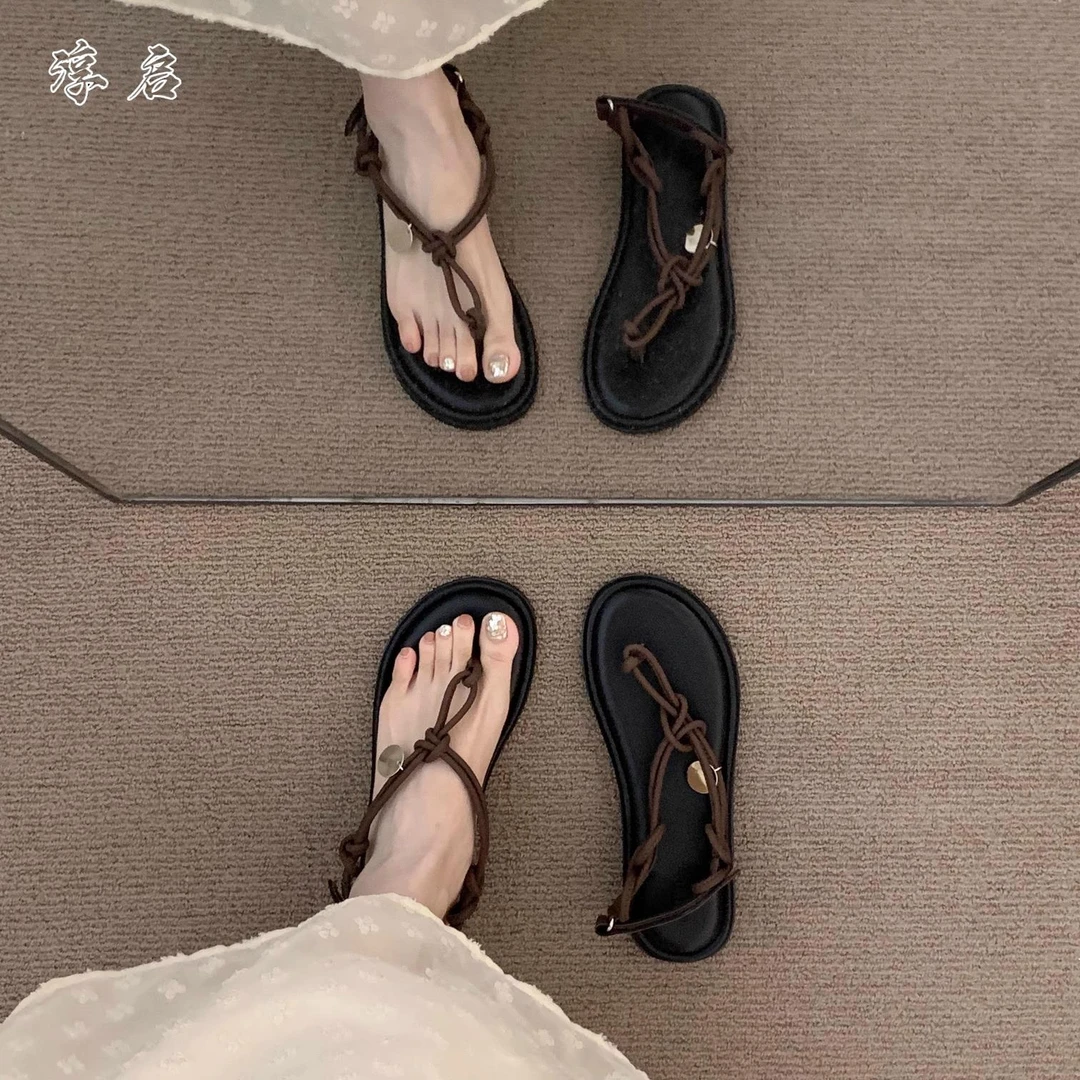 淳启复古咖啡法式细带晚晚凉鞋仙鞋子外穿2025夏季度假平底罗马鞋