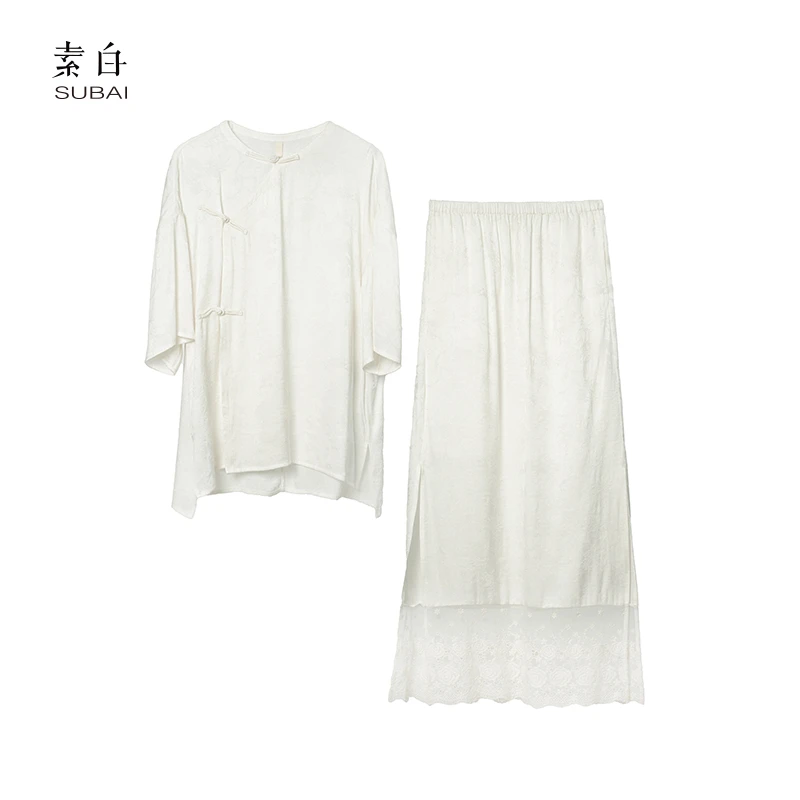 素白【月光女神】静奢中式Z01500铜氨丝提花极简气质淡雅半身裙套装