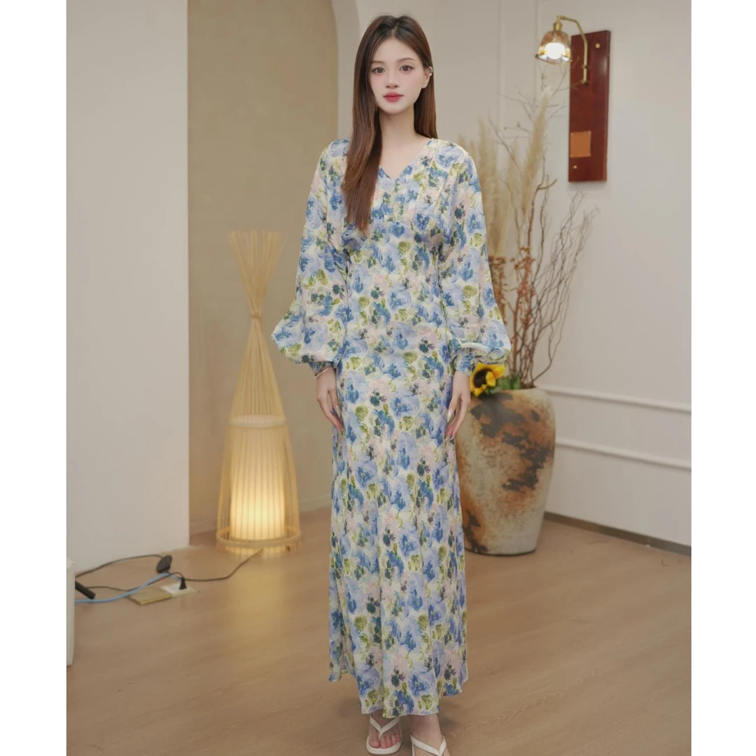 【珠珠.莫奈花园】桑蚕丝油画花卉连袖显瘦中长款连衣裙TX05QZ2030
