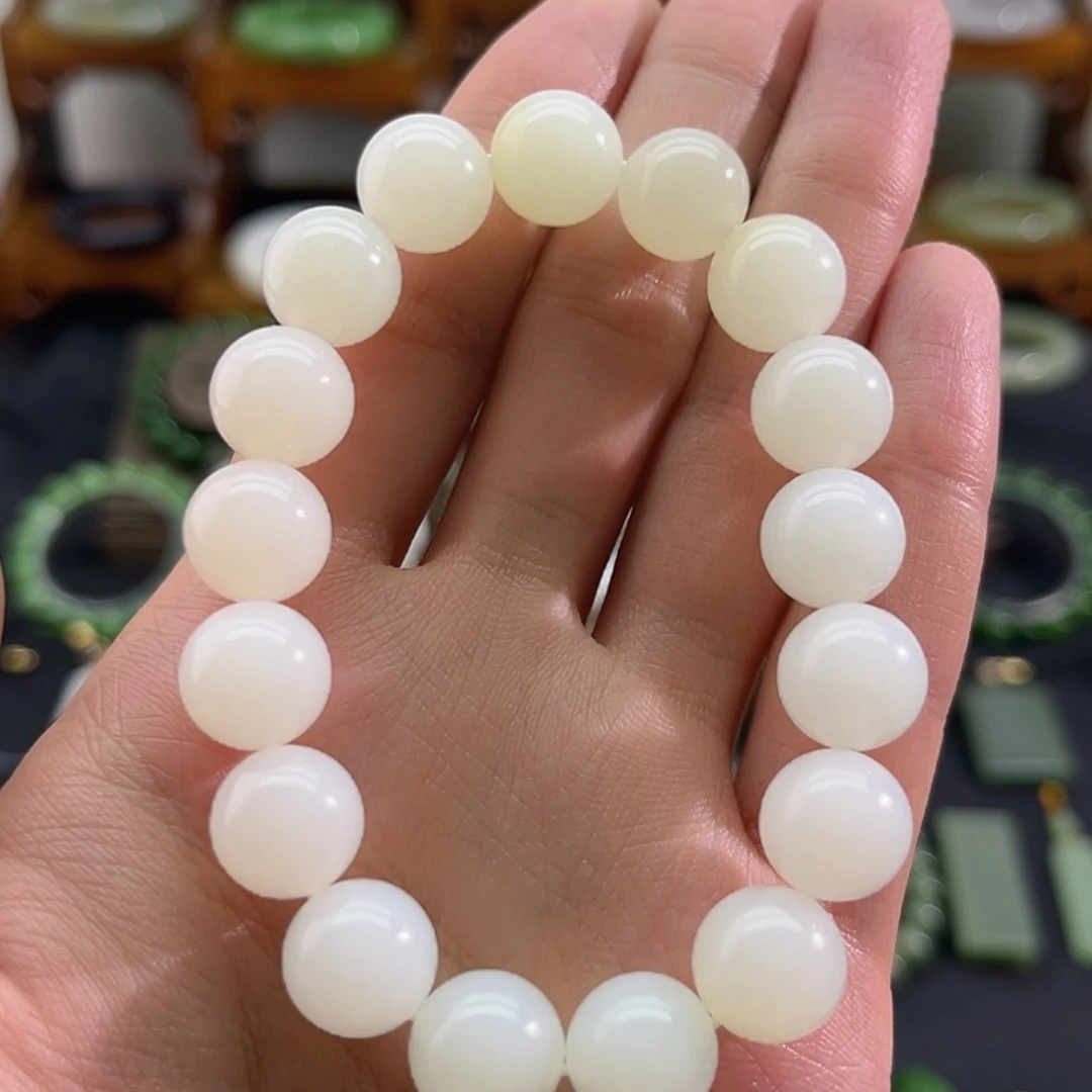 和田玉未镶嵌颈饰白玉-俄料-12mm手串