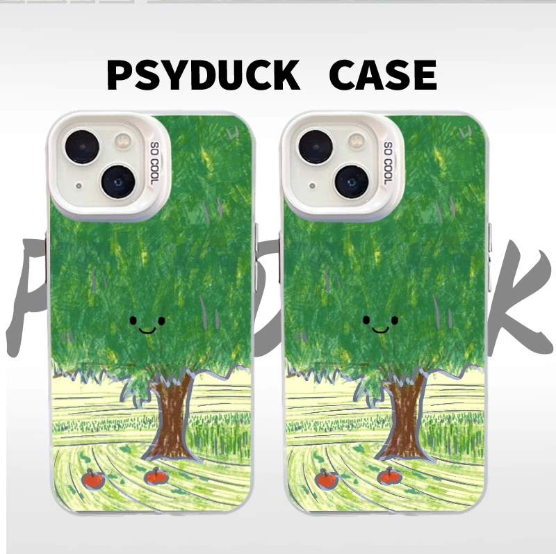 适用苹果华为一加小米春日小表情树彩银白底卡通动漫防摔手机壳