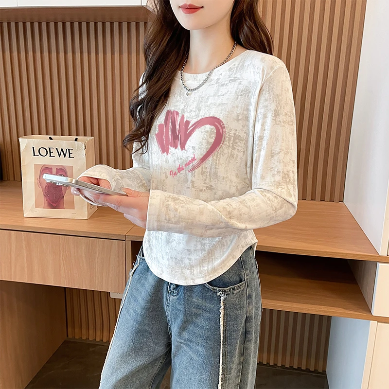 修身收腰圆领长袖T恤女秋季新款爆款时尚洋气设计感减龄上衣ins潮