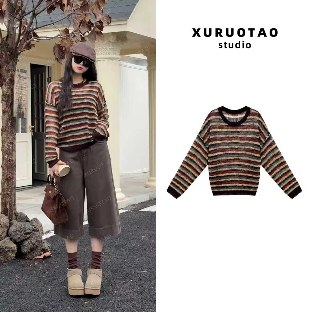 XURUOTAO 【尼泊尔】亚麻莱赛尔镂空设计感显瘦条纹上衣 T5549