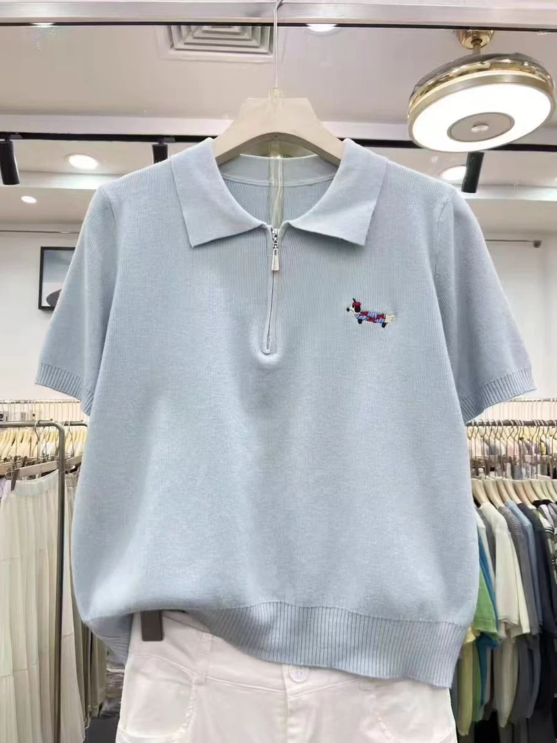 【苗苗】905大码圆领正肩针织衫短袖t恤女夏季胖mm宽松遮肉显瘦上衣