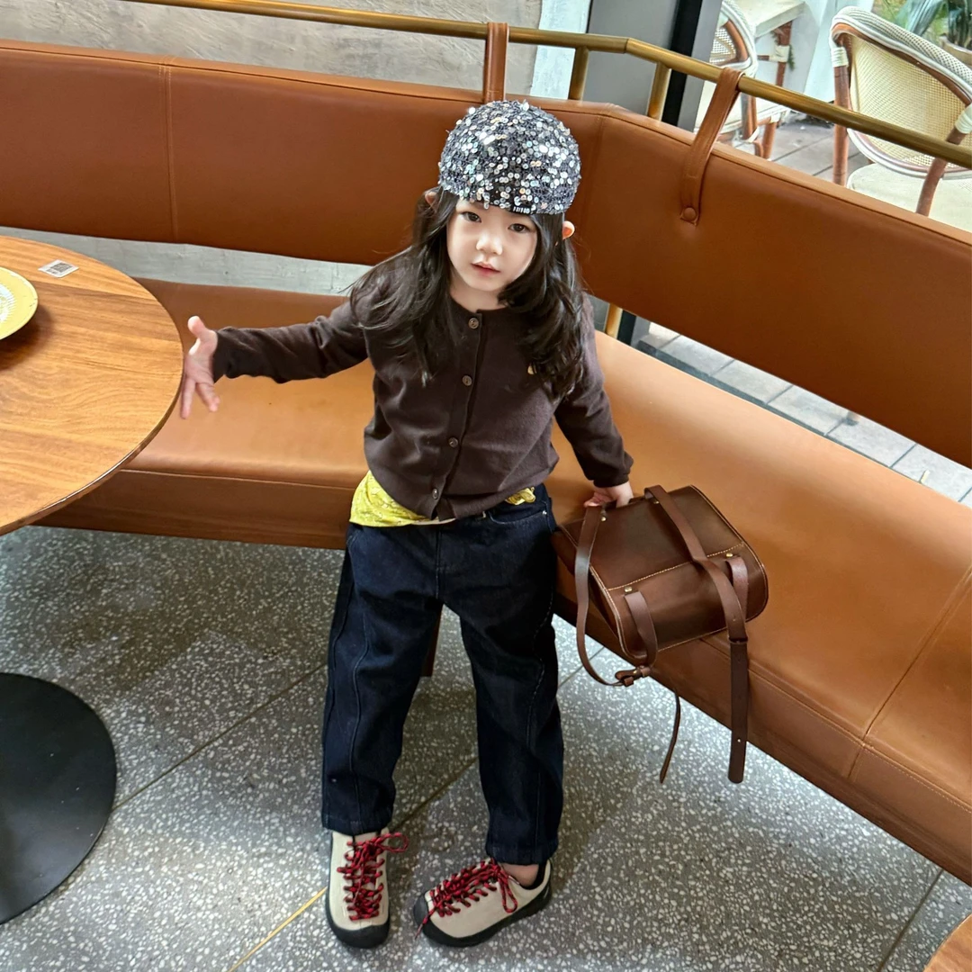 壹妈韩版童装女童秋季套装洋气儿童时髦复古毛衣开衫外套牛仔裤潮
