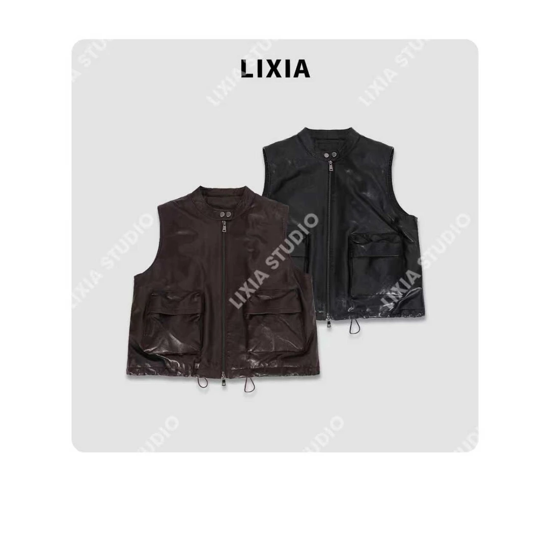 LIXIA【型格皮奢】街头感90白鹅绒填充双色工装羊皮油蜡马甲-D10522