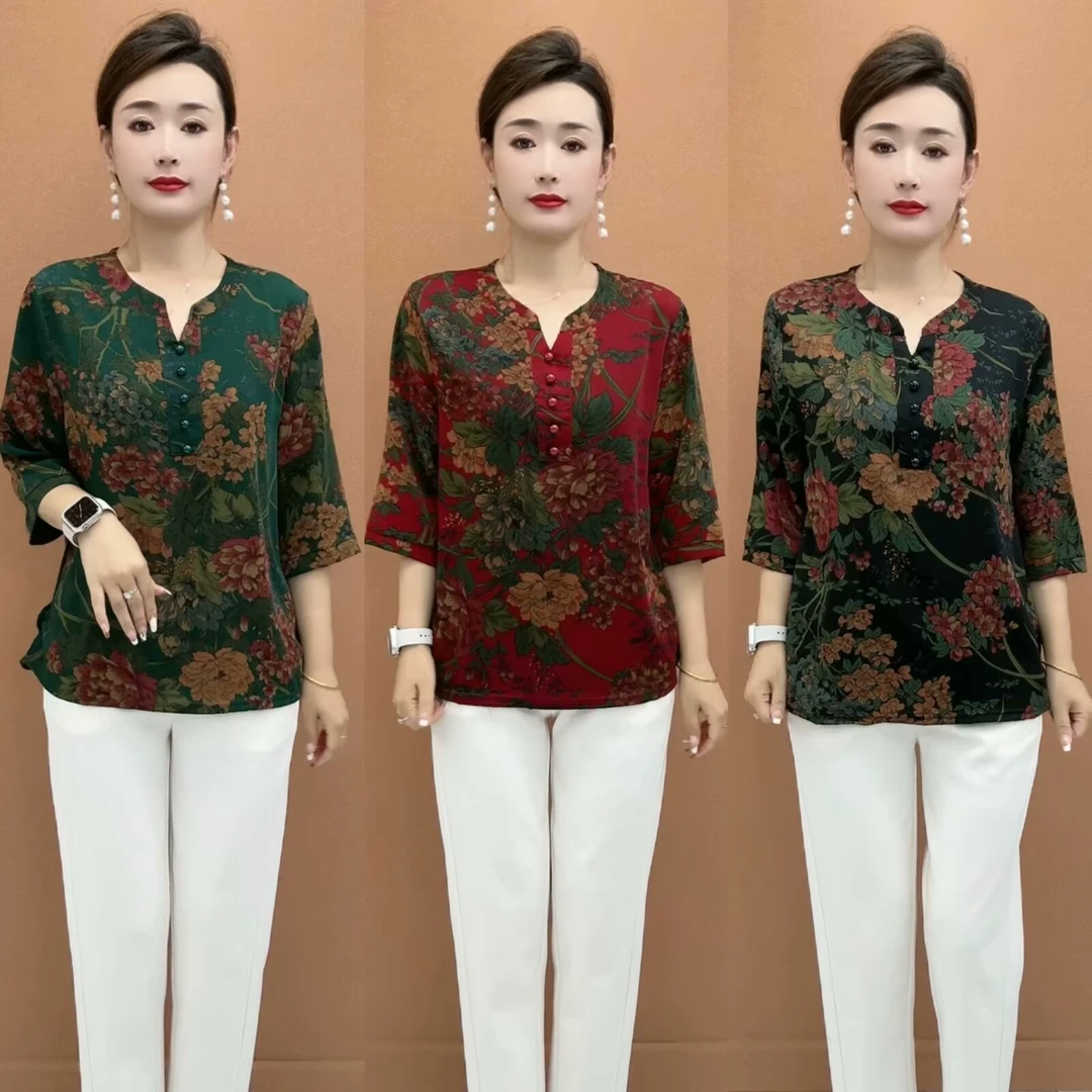 气质国风V领上衣女春夏新款时尚减龄宽松T恤妈妈装七分袖印花小衫