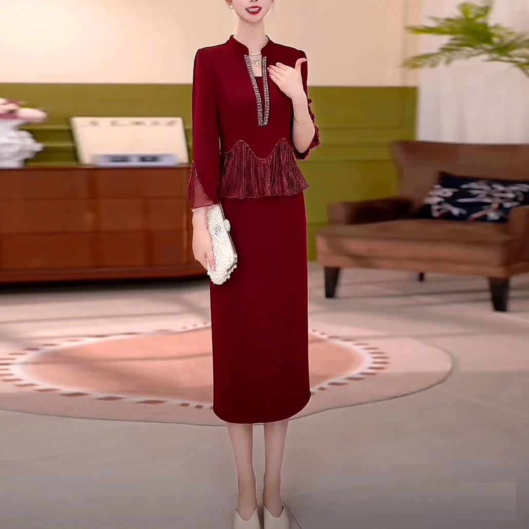 高级色织精纺气质婚宴喜婆婆礼服裙2025秋季新款修身妈妈装连衣裙