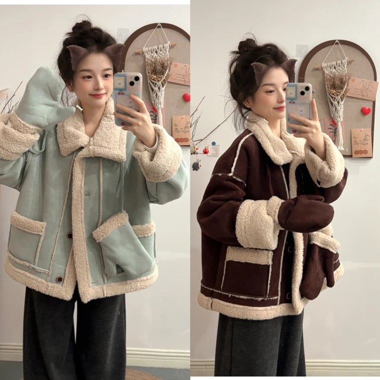 小个子2025冬季韩版宽松立领麂皮绒毛毛短外套6355