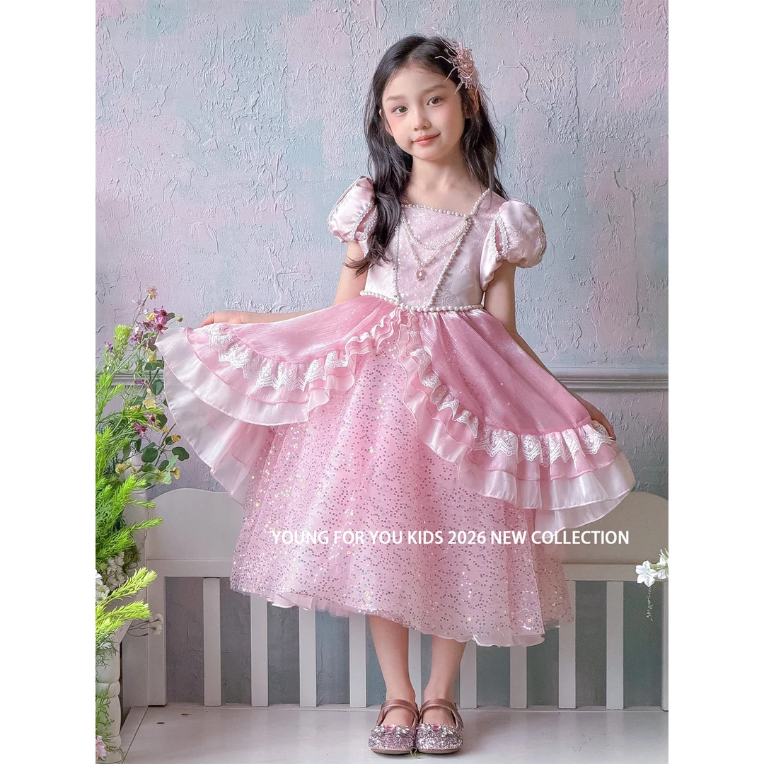 YFY女童粉色爱丽儿公主裙2026夏季连衣裙宫廷风裙子生日礼服亮片