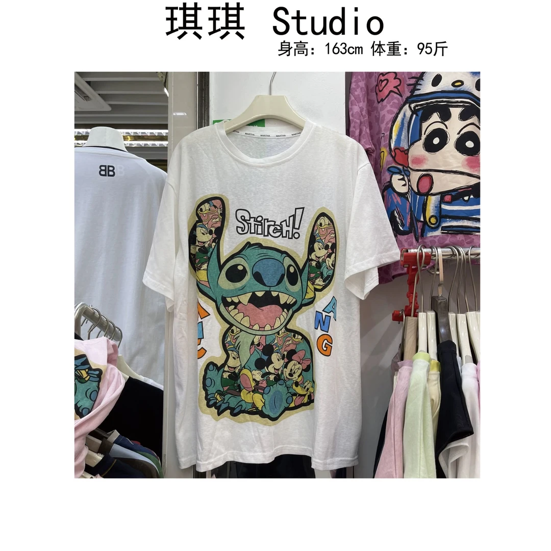 《琪琪家》夏季新款潮流气质百搭宽松扎染卡通史迪仔短袖6961-CS