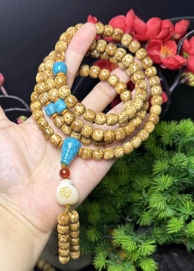 海南星月菩提原生态陈籽虎皮纹108颗男女文玩串高油高密高抛约9*8