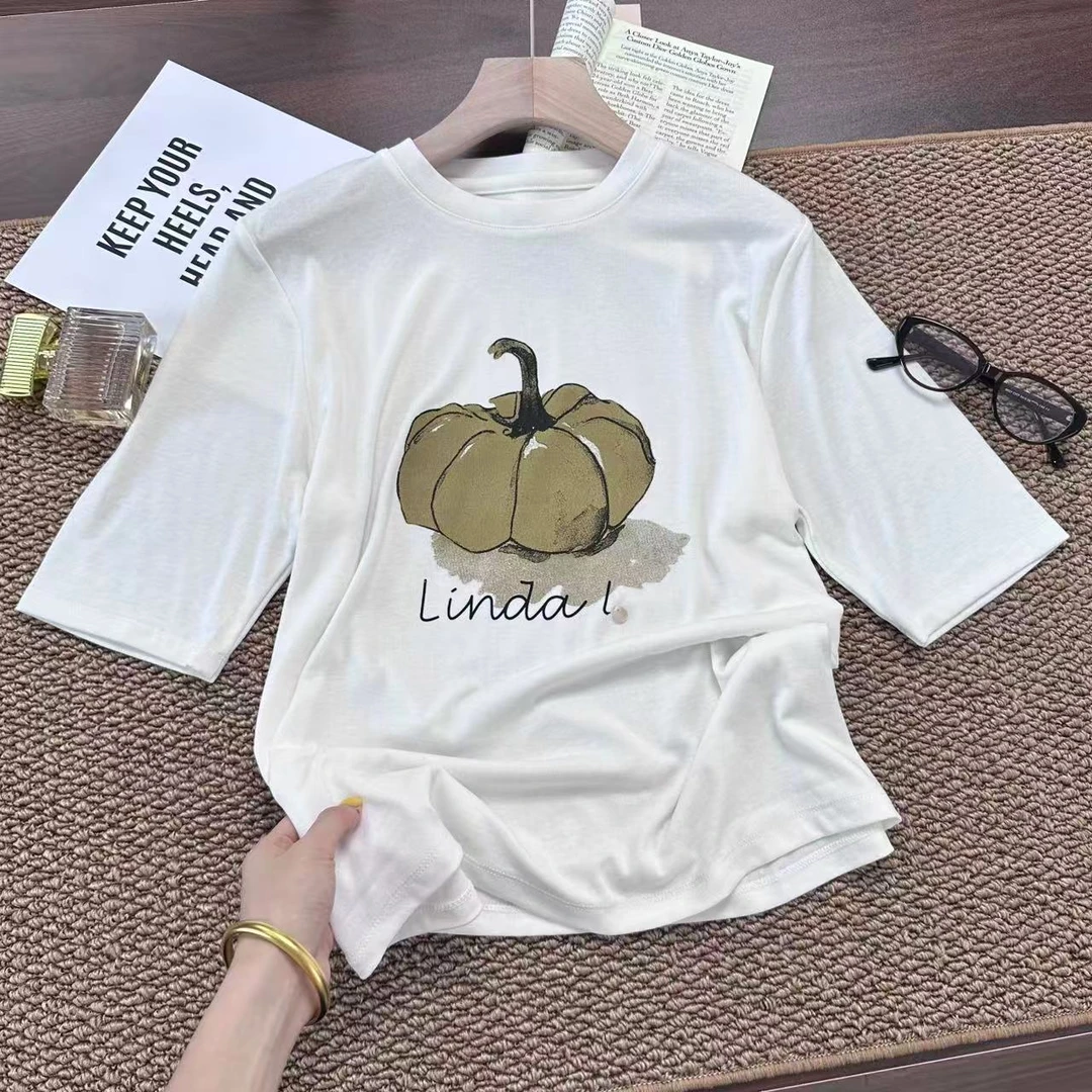 飞飞家 卡通南瓜印花~韩版百搭修身显瘦短袖打底 圆领针织衫Y8166