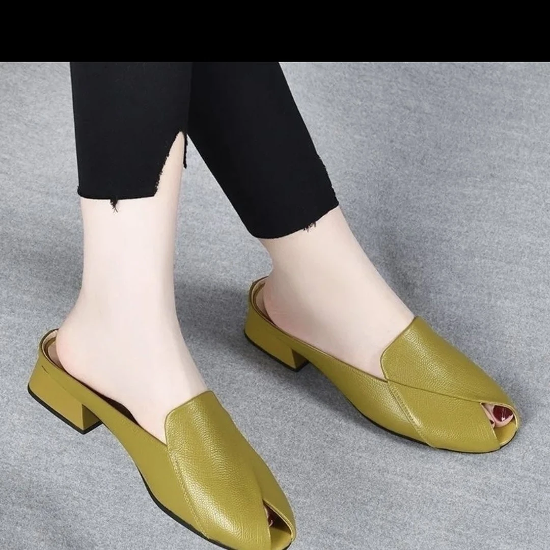 真皮懒人半拖鞋女粗跟2025新款夏季外穿平底鞋时尚鱼嘴软皮凉拖鞋