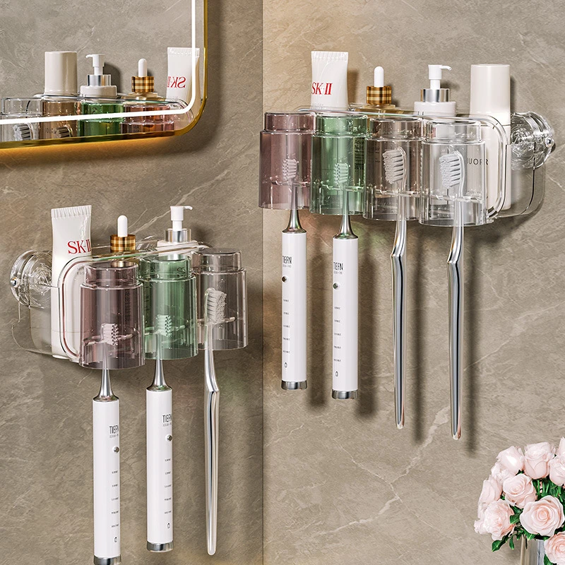 吸盘牙刷置物架壁挂式刷牙漱口杯收纳架卫生间免打孔牙膏牙刷架子