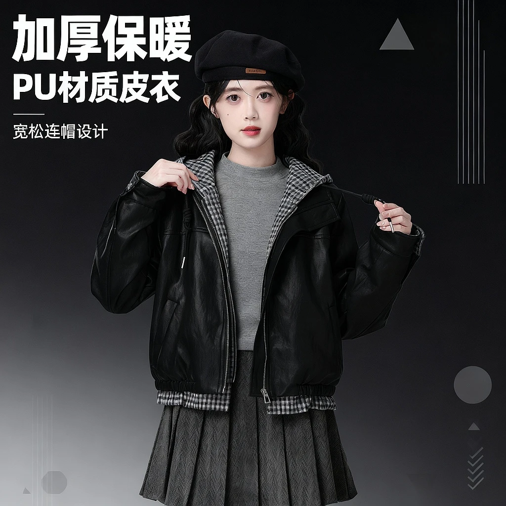 黑色假两件连帽皮衣棉服女冬2025新款加厚保暖夹棉外套夹克短上衣