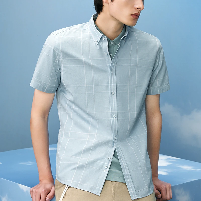 撤柜男装浅绿格纹短袖衬衫2025夏季男士休闲棉质混纺舒适亲肤衬衣