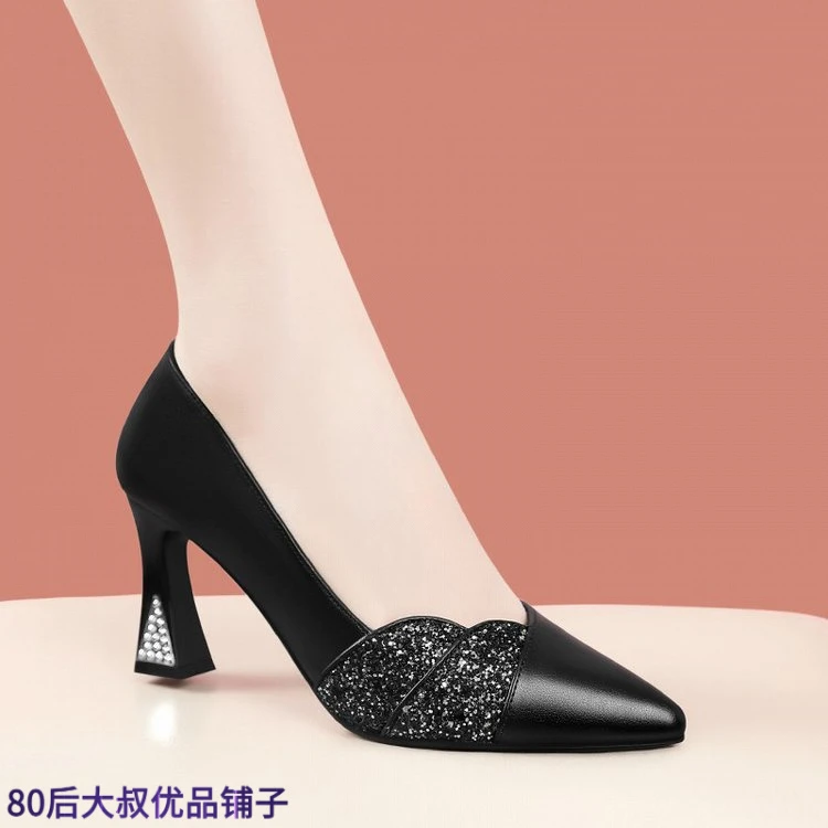 头层尖头高跟鞋女2025新款水钻粗跟气质单鞋职业通勤优雅女鞋鞋子