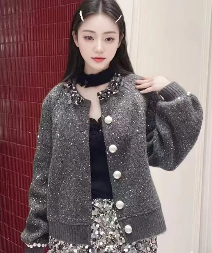 不退no换格雷风法式浪漫重工钉珠设计感闪深灰色泡泡外套