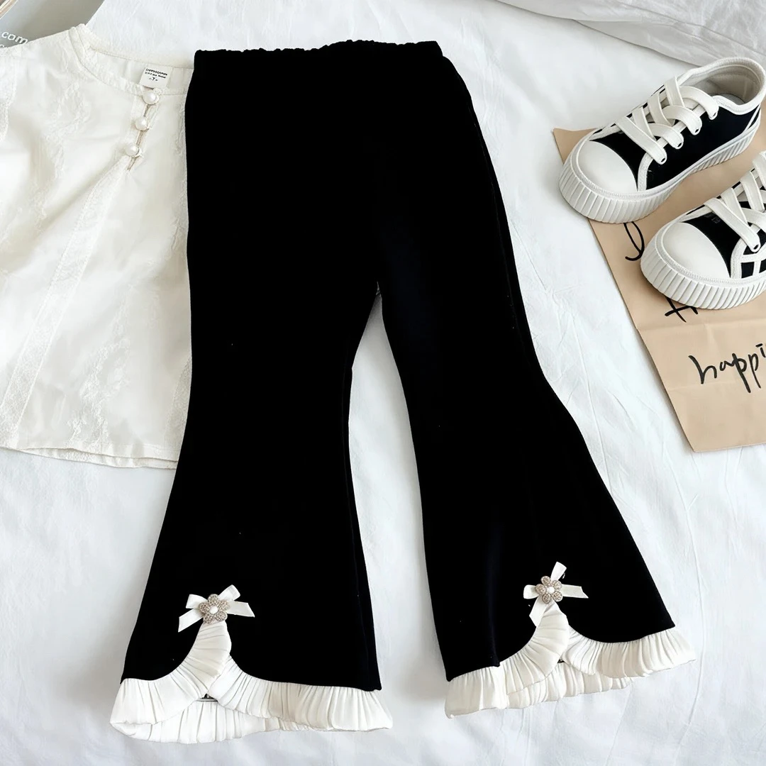 女童加绒裤子秋冬新款时尚公主喇叭裤黑色小香风小童洋气女宝长裤