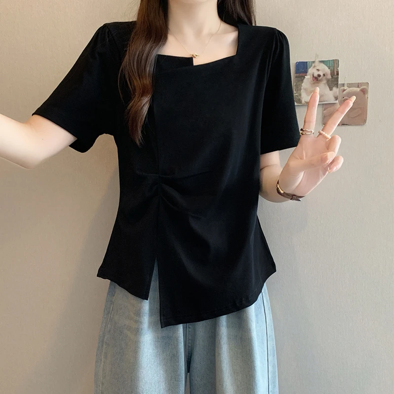 大码女装遮肚不规则方领正肩短袖打底衫夏季胖妹妹百搭设计感t恤